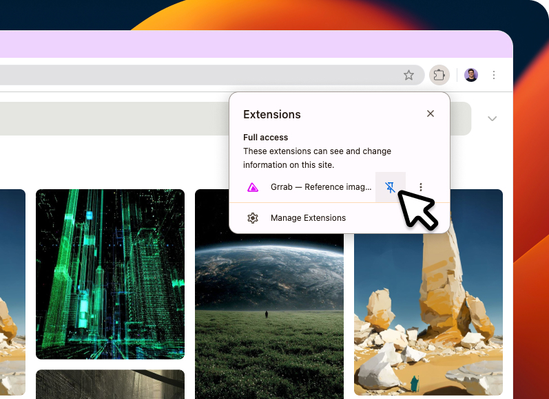 Chrome&rsquo;s extensions menu, pinning Grrab to the toolbar