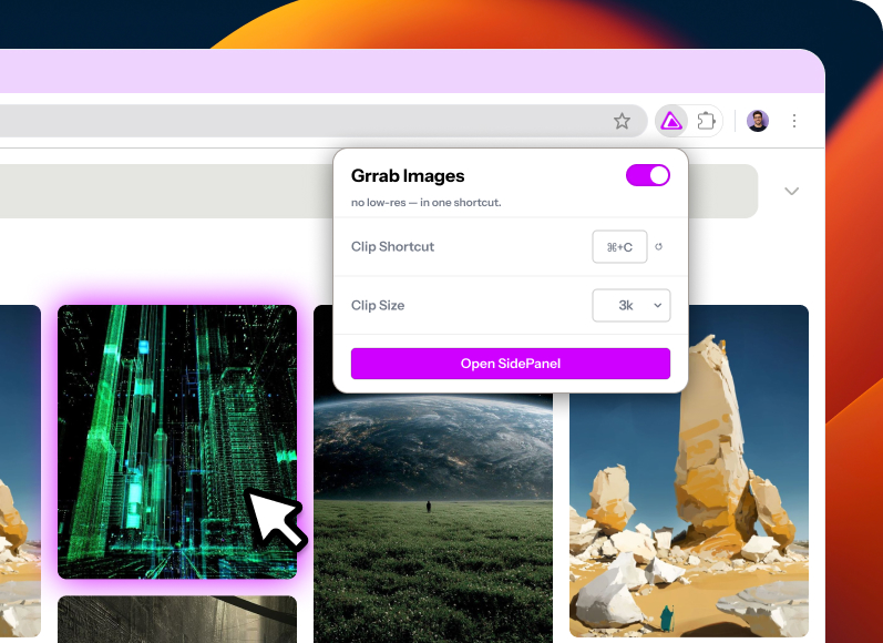 The Grrab popup, showing the on/off toggle, clip shortcut and clip size